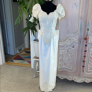 Mori Lee White Beaded Lace Wedding Dress with Puff Sleeves